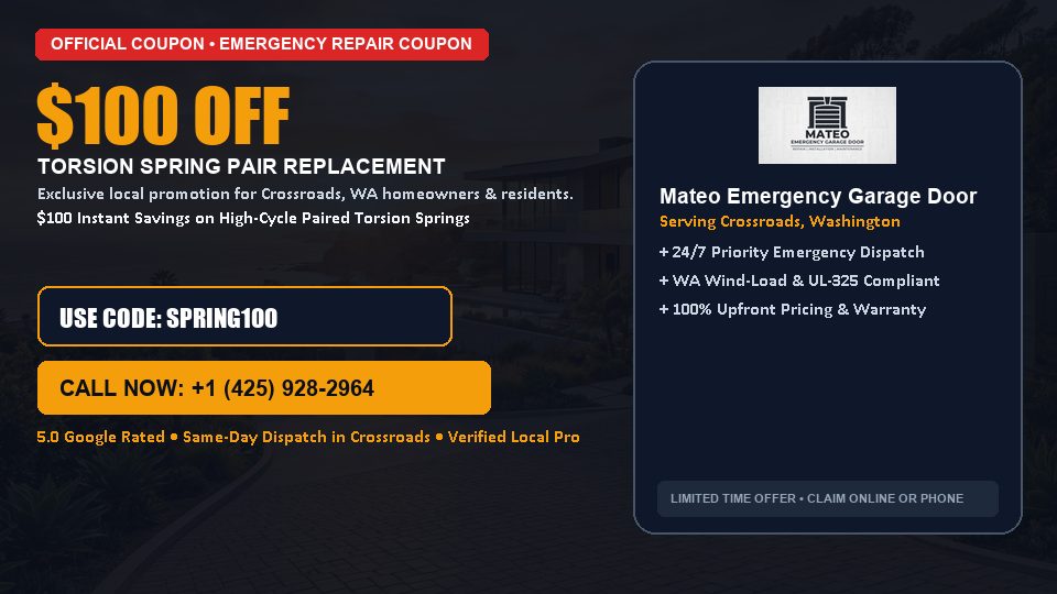 Mateo Emergency Garage Door $100 OFF Dual Torsion Spring Replacement in Crossroads, WA